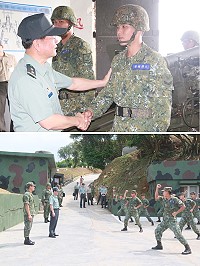 上圖:副總長關心官兵在營心緒與生活。下圖:南竿步兵連活力十足的戰鬥隊呼震撼全場。(圖/文:陳玉笈)