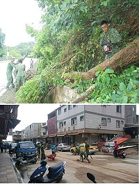 上圖:南竿地區官兵進行危險枯枝修整。下圖:北高弟兄於塘岐村清除淤泥。(圖/文:陳玉笈)