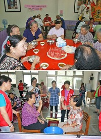 　復興村關懷據點老人共餐昨天於村活動中心舉辦，吸引數十位老人家前往共享美食，餐前先舉辦趣味活動，提升老人家反應力還可以活動筋骨，現場歡笑聲不斷。（圖：陳其平）