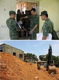 (上圖)莫指揮官現地指導營舍整建規劃。(下圖)忠貞一營區職務宿舍整建工程施工中。(圖/文:陳又傑)