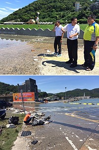 福澳碼頭18日大滿潮,出現大面積海水倒灌,議長張永江、縣府秘書長張龍德、南竿鄉長陳振國等現場勘查及後續處理。(圖:本報編輯部)