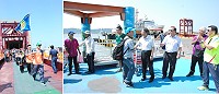 　東引國中小和敬恆國中小參加縣運會選手代表20日抵達南竿，秘書長張龍德、副議長陳書建及大會籌備會前往福澳碼頭迎接，歡迎離島代表隊前來參賽。（圖／文：楊凱棻）