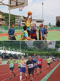(上圖)官兵同仁於籃球場上互相較勁。 (圖/文:陳又傑);(下圖)弟兄們在田徑場上盡情揮灑汗水。(圖/文:陳子軒)