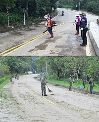 中颱「梅姬」橫掃馬祖,地區28日上午11時30分解除陸上颱風警報;下午1時30分天氣好轉後,馬防部依防颱會報決議,動員各地駐軍會同環保局與鄉公所清潔隊員,展開南竿各主要道路清掃工作。(圖/文:曹重偉)