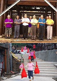 　鐵板金板境天后宮昨日上午舉辦上樑儀式，縣長劉增應等共同上香祝禱媽祖庇佑鄉親健康平安，儀式也依循古禮由多位村民肩挑禮餅表達祝賀之意。（圖：陳學興提供）