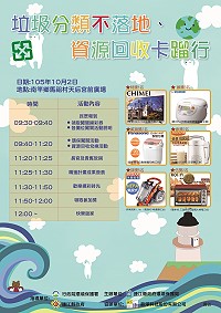 為推廣資源回收,環保局將於10月2日上午9時30分於馬祖境天后宮舉辦「垃圾分類不落地、資源回收卡蹓行」宣導,主題闖關活動讓大小朋友挑戰,各類家電等您搬回家,另也針對有危害環境疑慮之資源回收物進行回收兌換精美宣導品,請民眾提前準備。(圖:連江縣政府環保局)