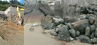西莒坤坵沙灘巨石擋路,上圖:鄉公所7月5日已處理過,下圖:但不敵大自然力量,再度滑落。(圖/文:莒光鄉公所、讀者提供)