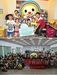 千禧之愛健康基金會特於清水7-11門市舉辦「好鄰居同樂會」,由志工教導幼童幫父母親或長輩量腰圍及血壓;超人氣玩偶OPEN小將壓軸現身,小朋友相當開心。(圖:曹重偉、吳嘉榮)