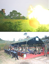 上圖:155加農砲實彈射擊威力震懾全場。下圖:各界貴賓見證防區聯合火力射擊。(圖/文:陳玉笈)