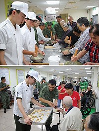 上圖:依公、依嬤在弟兄姊妹們陪伴下認真製作餅乾。下圖:莫指揮官將剛出爐的餅乾一一分送給依公、依嬤。(圖/文:謝佳熹)