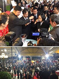 105年國慶酒會10日下午至晚間馬祖高粱酒展攤設在台北賓館戶外正中央,接受4千8百位國內外嘉賓試飲品嘗,總統蔡英文、副總統陳建仁、立法院長蘇嘉全並到場致意,指定為國宴酒受到注目。(圖:馬祖日報社、馬祖酒廠實業公司)