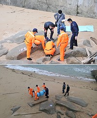 北竿芹壁澳口驚見一具無名屍,檢察官相驗後大體暫存北竿殯儀館。(圖/文:陳鵬雄)