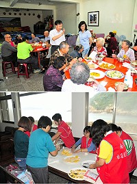 高齡友善城市關懷據點銀髮族活動食尚銀髮樂活食共餐活動,22日上午11時在復興五靈公廟溫馨登場,縣長劉增應到場與年長鄉親共享美食、閒話家常,肯定這樣的活動呈現高齡友善氛圍。(圖/文:曹重偉)