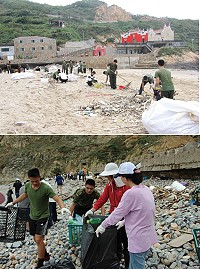 　（上圖）馬防部官兵與鄉親共同參與復興村淨灘。（下圖）馬防部官兵與鄉親共同參與菜浦澳淨灘。（圖／文：范智傑、陳政宏）