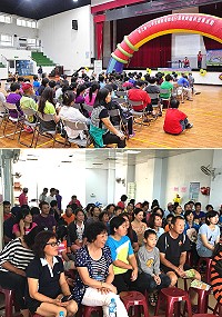 　上圖：105年國際身障日暨身障福利宣導活動南竿舉行，大人小孩踴躍參與活動。（圖／文：馮紹夫）；下圖：「105年身障福利宣導活動」來到莒光，吸引滿場鄉親聆聽。（圖／文：宋幸儒）