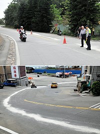 南竿鄉23日近中午12時竟連續發生2處漏油污染道路事件,包括福澳入村道路上坡側及山線青檀澳附近路段,各造成1名騎車經過的替代役不慎摔車;警方隨即派員前往2處佈放三角錐,並協助指揮交通,讓環保局人員安心處理。(圖/文:曹重偉)