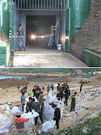 　上圖：南北坑道刷漆及環境整理。下圖：馬防部官兵參與珠螺村海灘淨灘。（圖／文：謝佳熹）