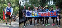 　警政署保三總隊謝教官率部屬參加半馬組，自備布條展現愛運動的警界形象。選手穿上國旗衣，和南北坑道賽道旁的國旗相互呼應，成為最美的風景。（圖／文：楊凱棻）