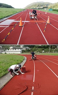 東引東湧運動公園PU跑道,使用已長達15年,今年才首次進行局部修繕。(圖:東引鄉公所)