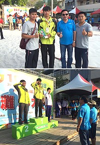 馬祖角力選手王明亮(上圖左2)勇奪全民運沙灘角力男子組第五級賽事金牌。(圖:縣府教育局提供)