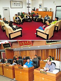 連江縣議會第6屆第4次定期大會登場;昨天下午4時召開預備會議前,縣長劉增應特率秘書長張龍德及府會連絡人王詩乾前往拜訪,預祝大會順利圓滿。(圖/文:曹重偉)