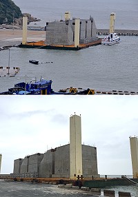 橋仔漁港碼頭擴建改善所需5座大沉箱由高雄運抵北竿白沙。(圖/文:陳鵬雄)