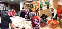 大同之家長輩15日圍在一起釀製老酒協助攤飯、待涼,劉金登攪拌炊熟糯米攪拌紅麴入缸。(圖:大同之家提供)