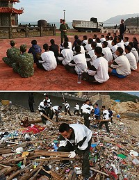 (上圖)余主任實施安全宣導。(下圖)官兵齊心共同淨灘。(圖/文:謝佳熹)