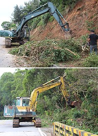 建設局10月20日起展開山線道路邊坡藤蔓清理作業,剪除遮蔽行車視線之枝條,讓整體視野更加開闊。(圖/文:吳嘉榮)