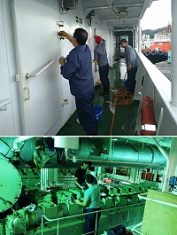 台馬海運停航多日,臺馬之星靠泊基隆期間船員進行甲板清潔、除鏽工作,工程師機房執行機艙檢查、保養。(圖:連江縣政府交通局)