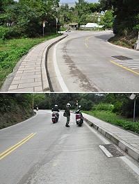 　南竿再傳車輛漏油意外，清水村往中央大道上坡路段出現一條長達數十公尺的油漬，造成一名軍人騎機車打滑摔傷。（圖／文：馮紹夫）