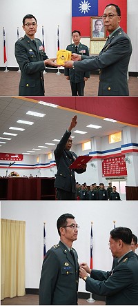     （上圖）原、新任指揮官交接印信。（中圖）新任楊指揮官宣讀誓詞。（下圖）司令頒授莫指揮官「光華甲種二等獎章」。（圖／文：范智傑）