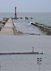 海平面上升加上地質沉陷,北竿白沙碼頭南防波堤有十多公尺堤面在滿潮時已經沒入水中。(圖/文:陳鵬雄)