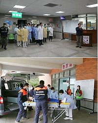 縣立醫院6日舉辦大量傷患處置演習,模擬南竿福澳路發生大貨車追撞數輛小客車,造成數名民眾嚴重損傷,緊急處理分類並安排重大傷患後送,過程緊湊逼真。(圖:連江縣衛生局提供)
