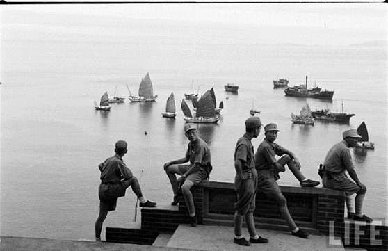 民國40年代靠泊在西莒青帆港澳的東海部隊海上突擊艇隊。(圖/LIFE美國記者鏡頭下的東海部隊)