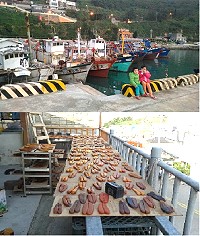 　上圖：台灣漁船隊30-40艘12月初進駐，現已返台，僅剩2、3艘做最後的守候。下圖：東引民間業者自製烏魚子。（圖：邱曉玲、展興烏魚子店提供）
