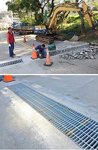 　南竿清梅道路（文物館、介壽公園牌樓前）交叉路段排水溝蓋改善，採半半施工，路面縮減駕駛注意。（圖／文：曹重偉）