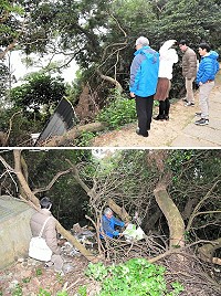 　民眾檢舉，儲水澳水庫往津沙步道靠海路段邊坡有3處被不明人士傾倒大量建材廢棄物，經連江縣環資局會同馬管處前往現勘，並深入垃圾堆找尋蛛絲馬跡，果然循線找到肇事者，已依法先行開罰，並要求肇事者立即恢復原狀。（圖／文：曹重偉）