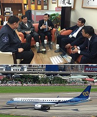　上圖：華航董事長何煖軒與馬祖府會首長、立委會談第2家航空公司進駐馬祖，機隊與航權配套事宜。下圖：華信目前國內及離島主要機種104人座ERJ-190型。（圖：立委陳雪生國會辦公室）