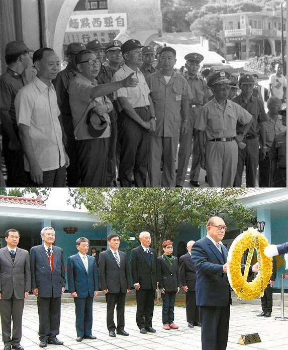 圖上:蔣經國生前常到馬祖,圖為民國64年7月在山隴介壽商場前。圖下為蔣經國總統逝世29周年紀念,郝柏村13日謁陵。(上圖/馬祖日報、下圖/聯合報系)