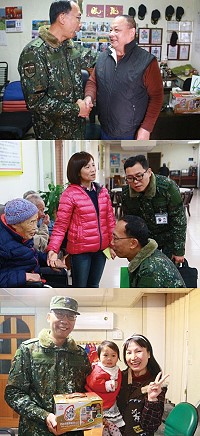 (上圖)楊指揮官致贈何海平師傅春節節品。(中圖)楊指揮官慰問大同之家長輩。(下圖)感謝三家村居民對部隊戰訓任務的支持。(圖/文:謝佳熹)