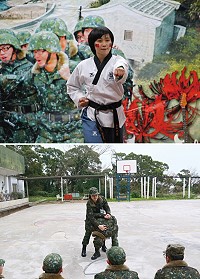 (上圖):林惠雯在官兵才藝競賽中表演跆拳舞蹈。(下圖):林惠雯示範跆拳道自衛防身術。(圖/文:范智傑)