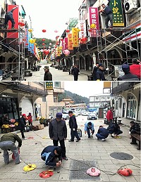 　農曆雞年即將來到，馬港社區昨天特進行全村花燈佈置，由社友、住民及軍方支援弟兄一起動手綁燈籠，爬上爬下相當辛苦。（圖／文：曹重偉）