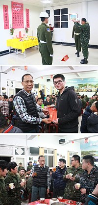 (上圖)馬防部祭祖活動。(中圖)楊指揮官致贈演唱官兵獎金。(下圖)楊指揮官與余主任向官兵拜年。(圖/文:謝佳熹)