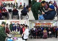(上左圖)藍眼淚樂團為依公依嬤演唱歌曲。(上右圖)楊指揮官慰問榮民宋伯伯 。(下左圖)依公依嬤動手揉麵團,玩得不亦樂乎。(下右圖)官兵弟兄姊妹與依公依嬤合影。(圖/文:吳誌益)