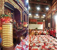 大年初九是各宮廟祭祀太歲的日子,山隴境北極玄天宮今年祭祀太歲與眾不同,除了廟中設立了首次開辦的光明燈,還供奉壽麵、壽蛋、壽桃、礦泉水、年糕等供品,讓犯太歲的信徒們可以帶回家煮食,保佑闔家平安。(圖:山隴境北極玄天宮)
