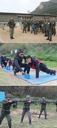 (上圖)副參謀長聽取新式體能訓測標準簡報。(中圖)新式基本體能示範。(下圖)刺槍術示範。(圖/文:林宏鑫)