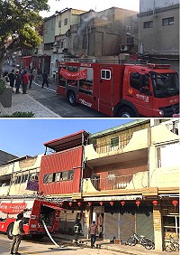 塘岐中正路國宅發生祝融火災意外,警義消投入搶救任務。(圖/文:陳鵬雄)