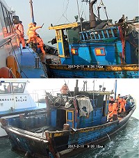 馬祖海巡隊於南竿海域查獲非法越界捕魚大陸漁船1艘3人,該船衝撞拒檢,海巡隊以雙艇夾擊優勢警力下強行攔檢,隨後將閩船及3名大陸漁民帶返南竿隊部偵辦。(圖:馬祖海巡隊)