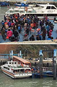 黃岐航線收假現人潮,28日兩艘客輪滿載乘客入境白沙。(圖/文:陳鵬雄)